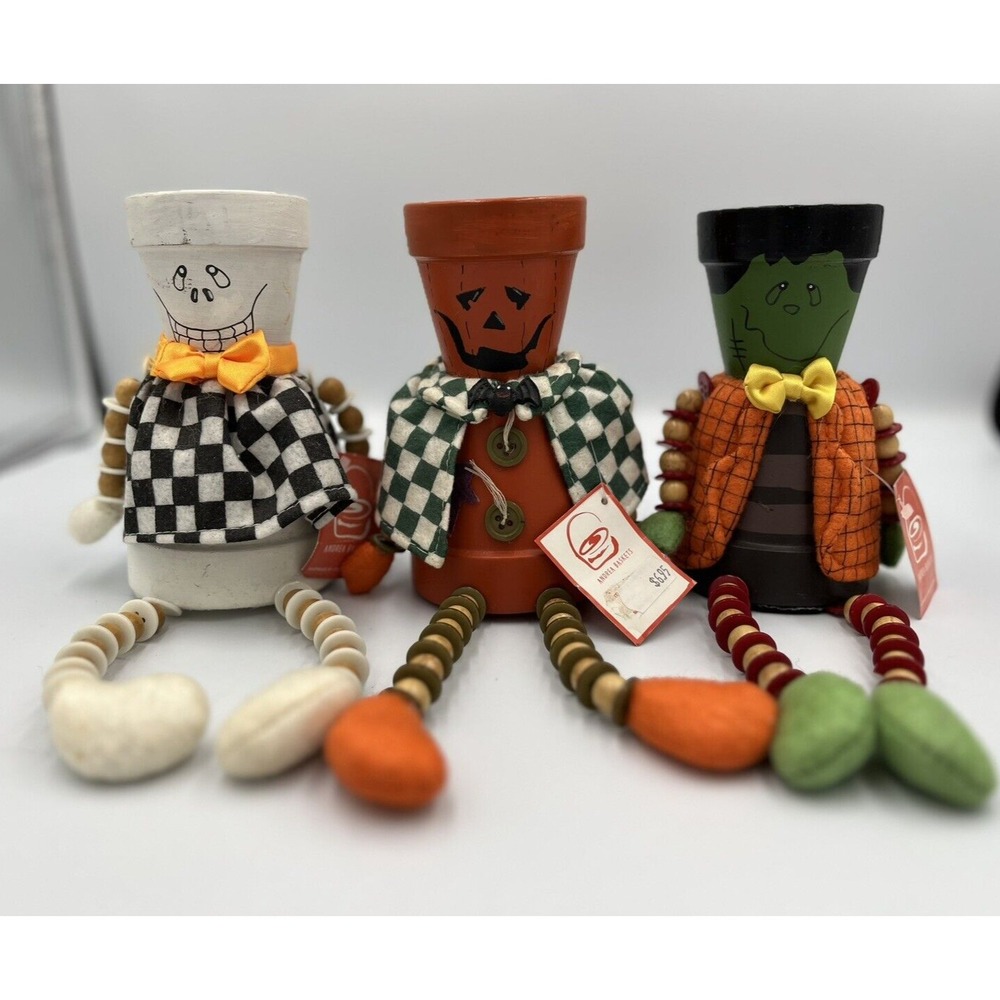 Vintage Halloween Pot Shelf Sitters Skeleton,‎ Pumpkin, Frankenstein Lot of 3